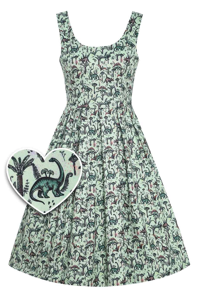 Front View of Dinosaur Green Flared Dress in Light Green