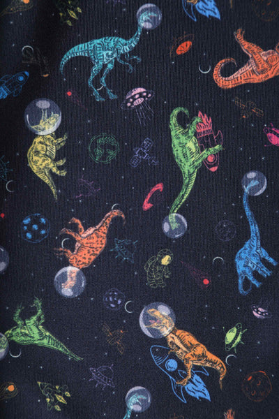 Close up View of Dinosaur In Space Flared Dress in Navy