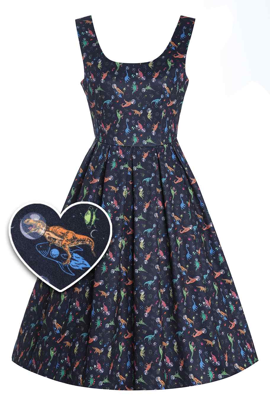 Front View of Dinosaur In Space Flared Dress in Navy