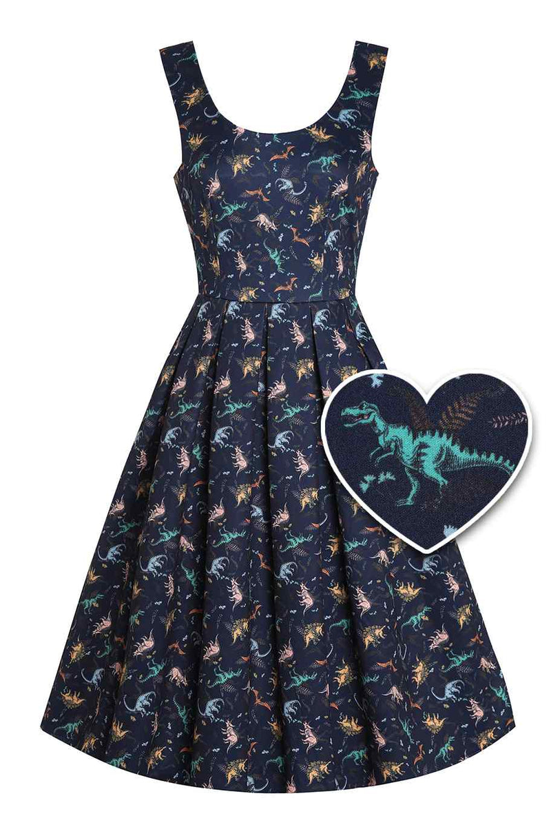 Front view of Multi-coloured Dinosaurs in Navy Blue Flared Dress