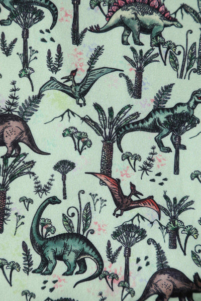 Close up view of Dinosaur Print Long-Sleeved Dress in Light Green