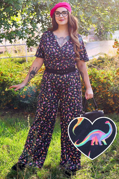 A model wearing a Dinosaurs & Rainbow Black Jumpsuit