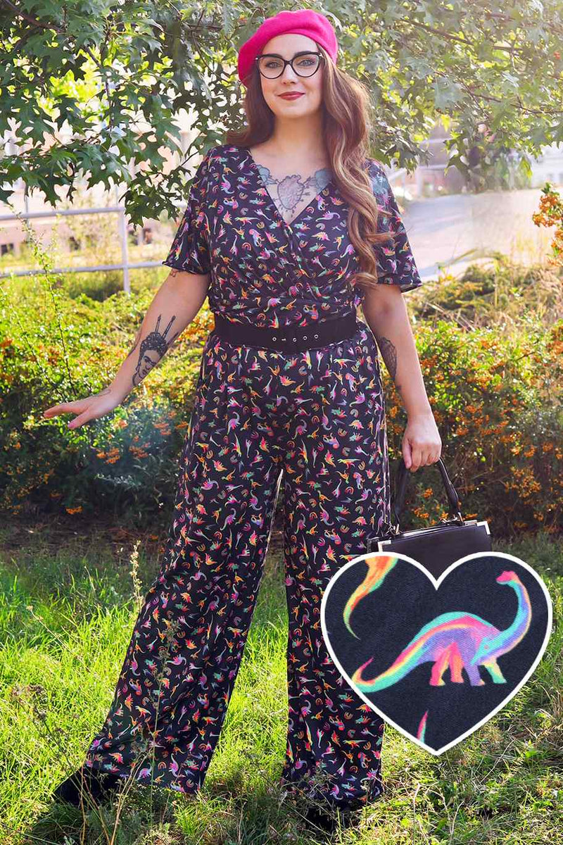 A model wearing a Dinosaurs & Rainbow Black Jumpsuit