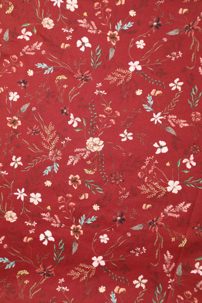 Close up view of Ditsy Floral Off Shoulder Dress In Red