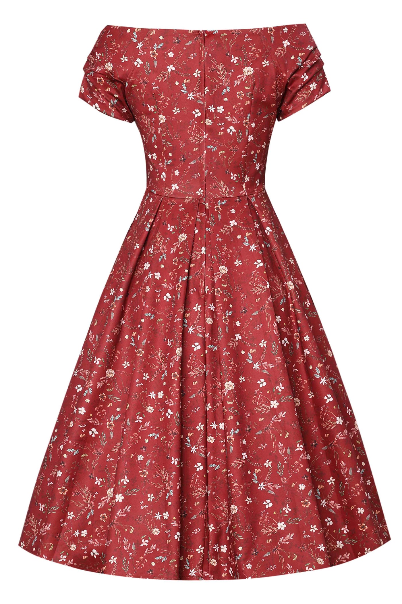 Back view of Ditsy Floral Off Shoulder Dress In Red