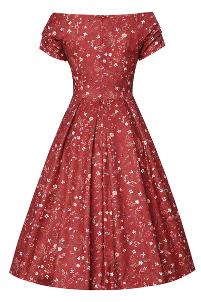 Back view of Ditsy Floral Off Shoulder Dress In Red