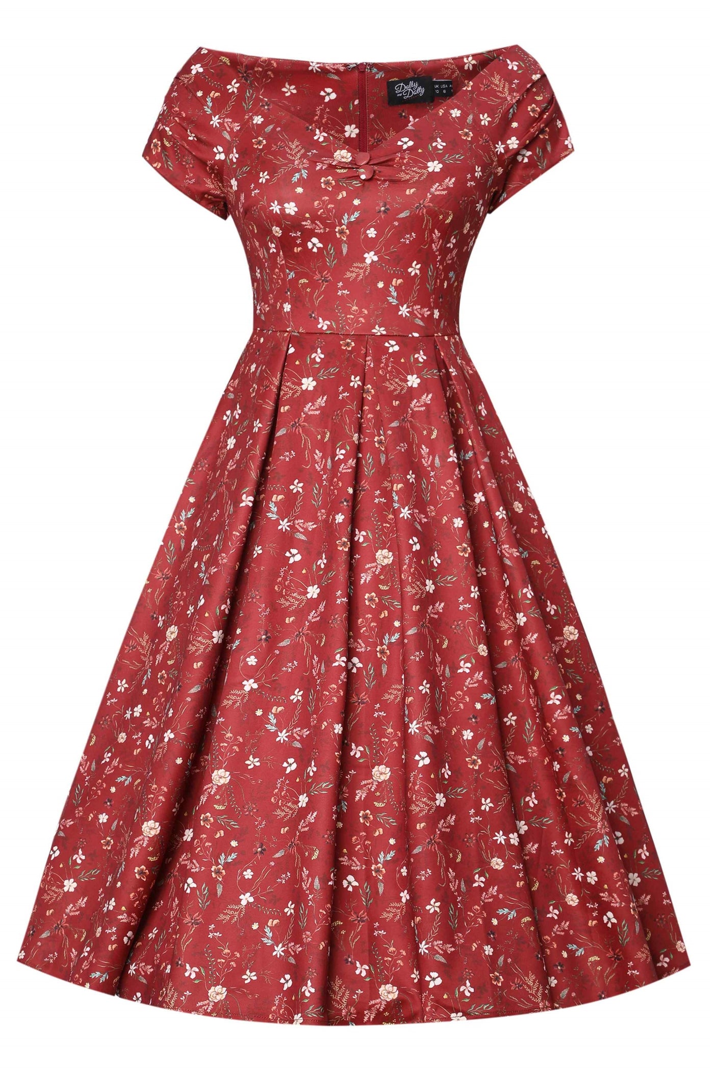 Front view of Ditsy Floral Off Shoulder Dress In Red