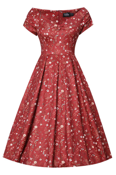Front view of Ditsy Floral Off Shoulder Dress In Red