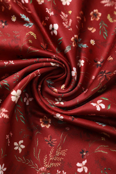 Close up view of Ditsy Floral Off Shoulder Dress In Red