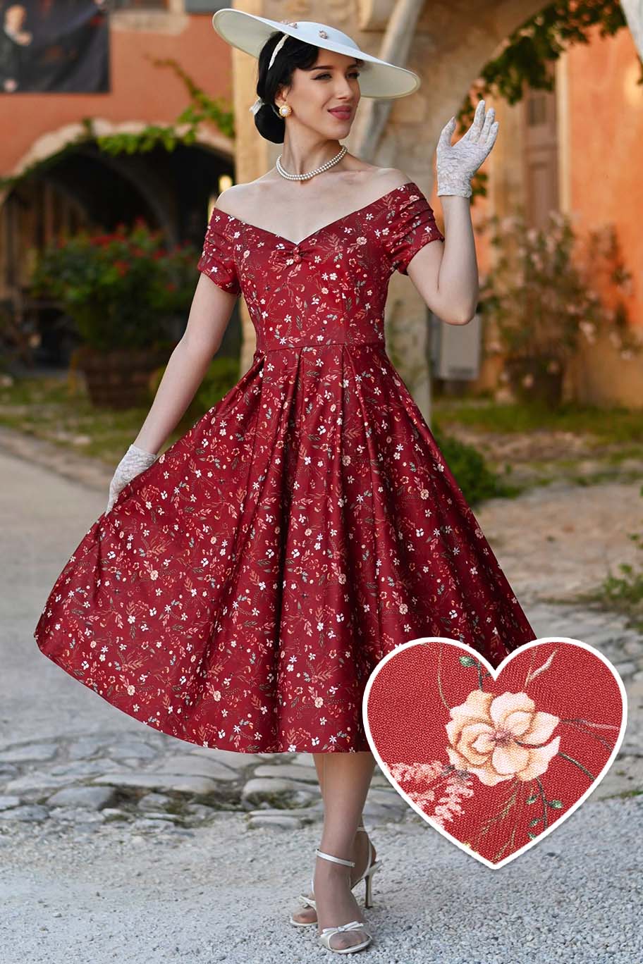 A model in Lily Ditsy Floral Off Shoulder Dress In Red