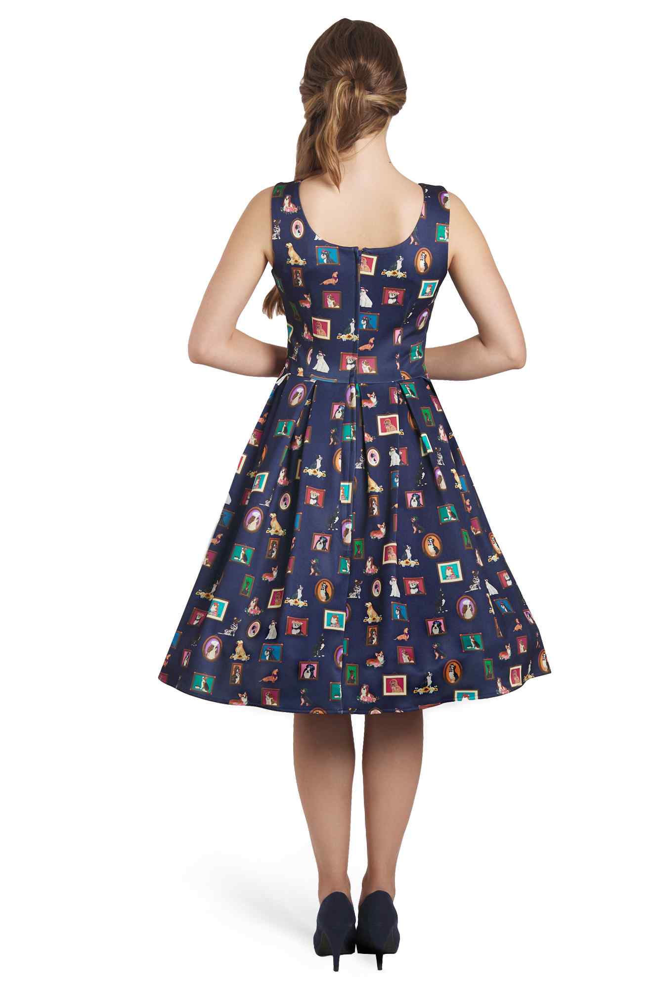 Model wearing Dog Frame Circle Dress In Navy Blue