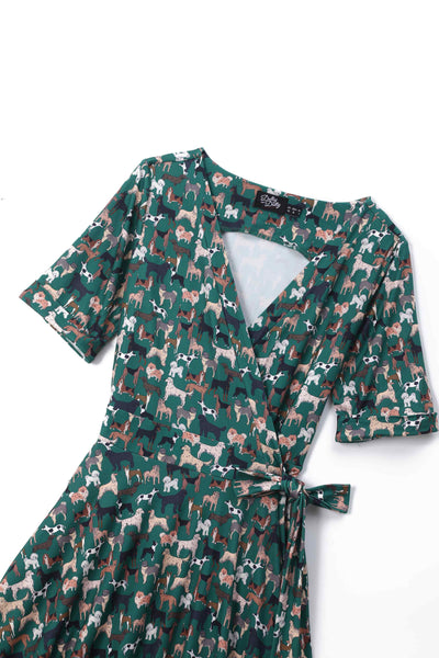 Close up view of Dog Lover Wrap Dress In Green