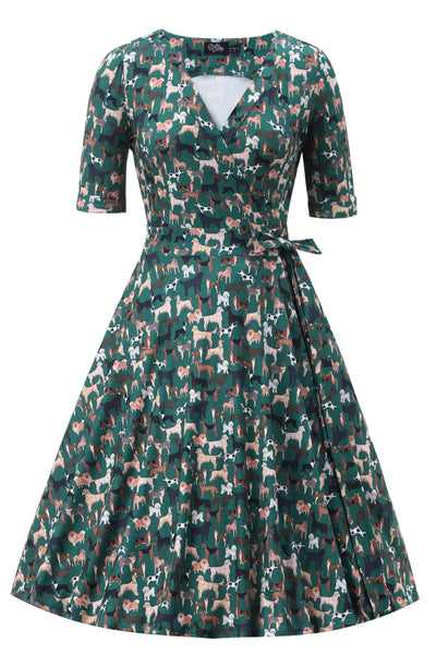 Front view of Dog Lover Wrap Dress In Green