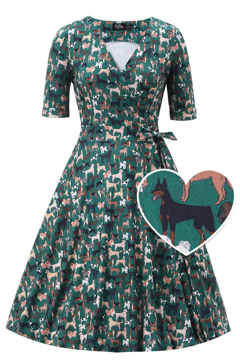 Front view of Dog Lover Wrap Dress In Green