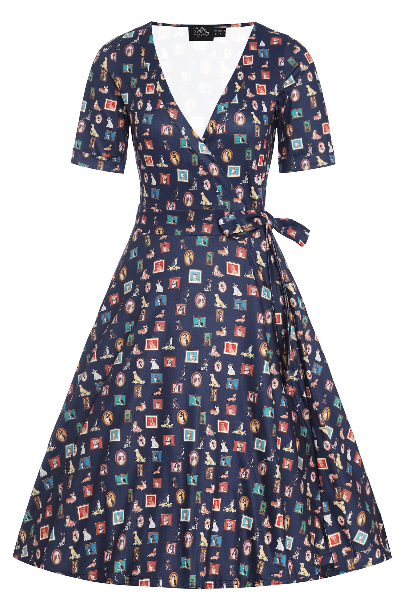 Front view of our short sleeved wrap tea dress, in navy blue framed dog art print