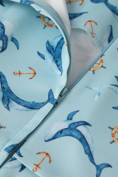 Close up view of Dolphin Swing Dress In Aqua Blue