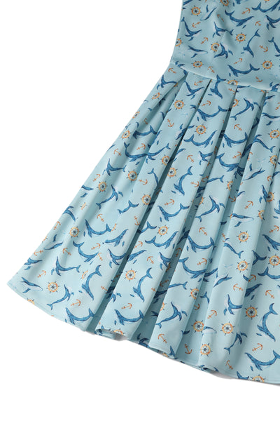 Close up view of Dolphin Swing Dress In Aqua Blue
