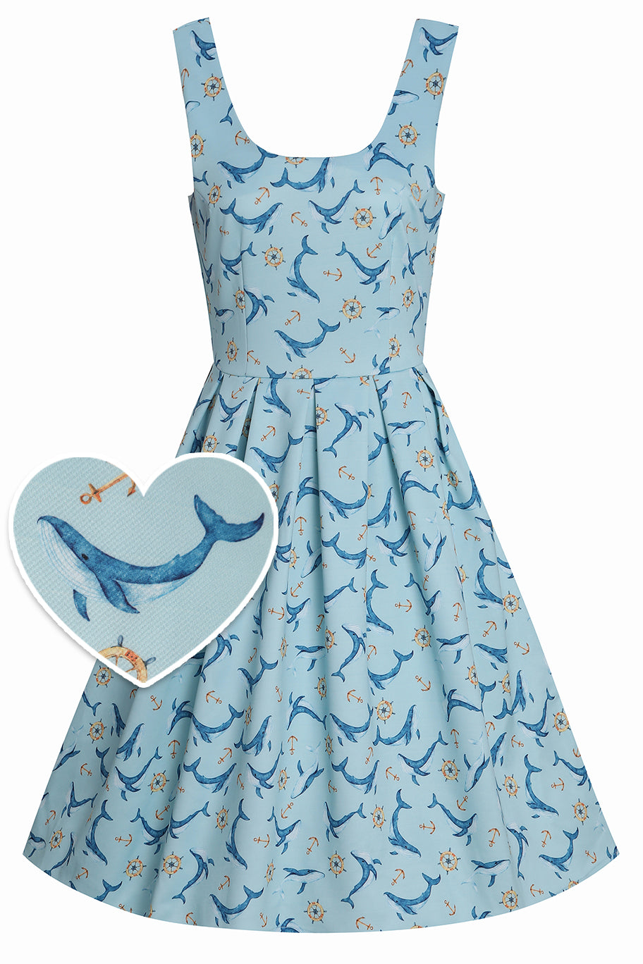 Front view of Dolphin Swing Dress In Aqua Blue