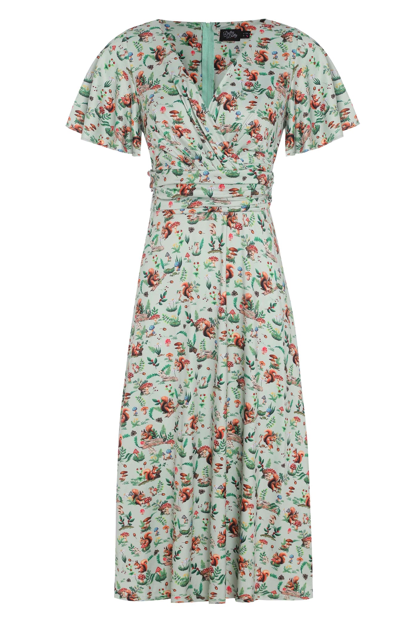 Front view of Donna Green Squirrel Woodland Tea Dress