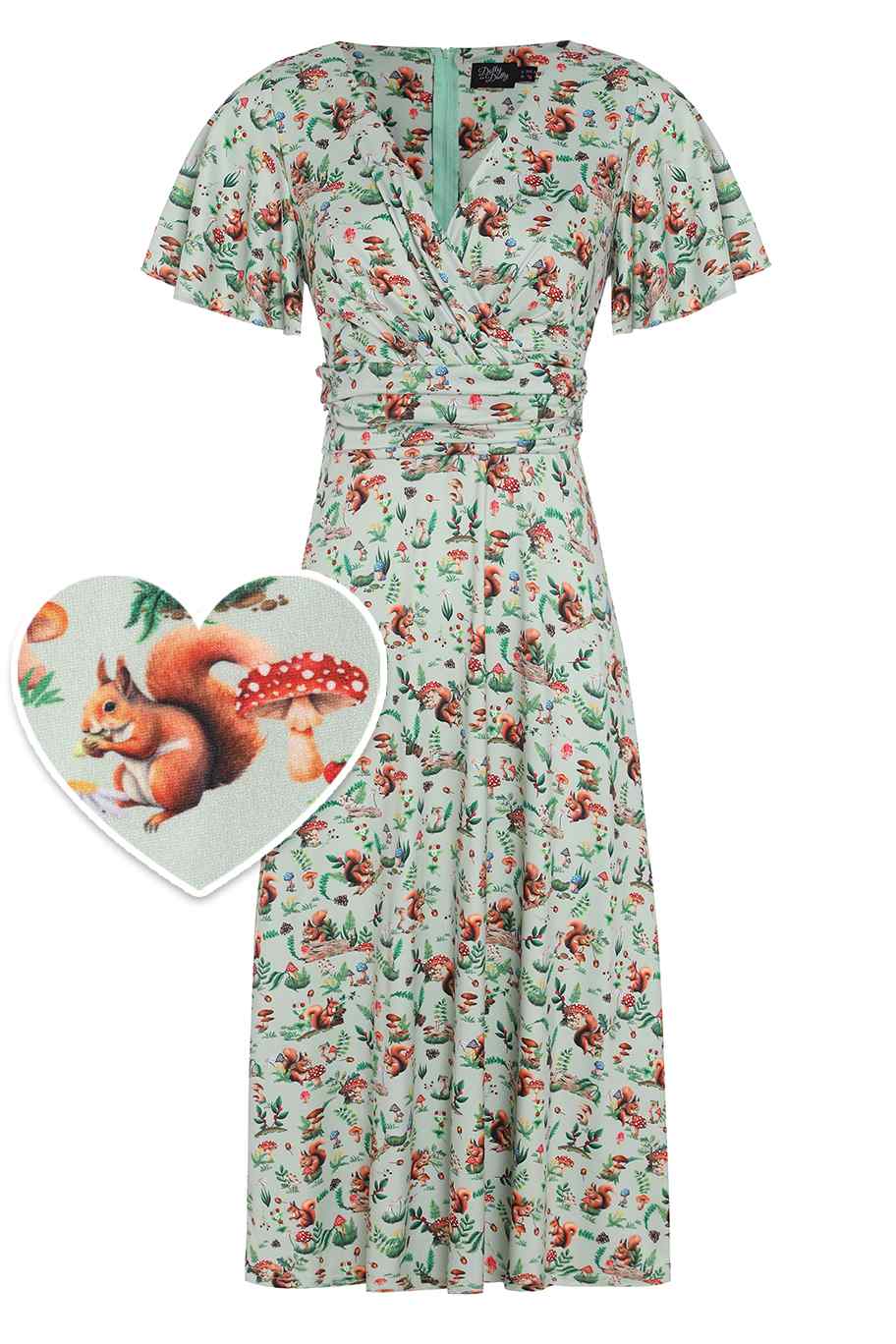 Front view of  Green Squirrel Woodland Tea Dress