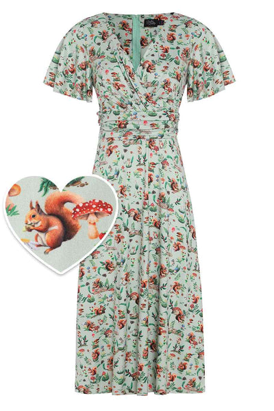 Front view of  Green Squirrel Woodland Tea Dress