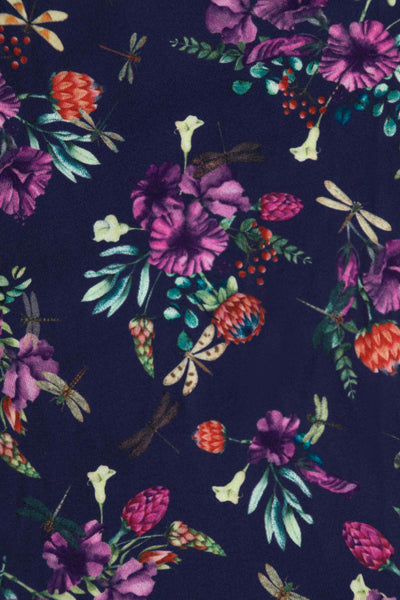 Close up view of Dragonfly and Floral Print Long Sleeved Dress in Purple