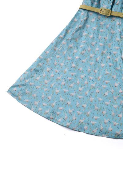Close up view of Duck Farm Shirt Dress In Light Blue