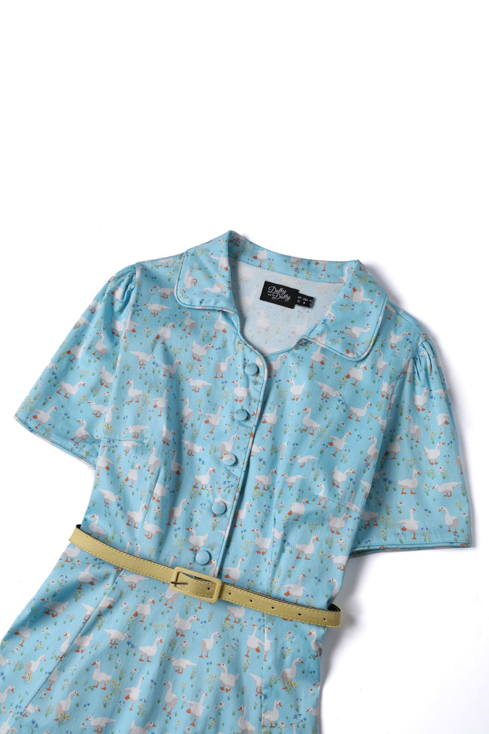 Close up view of Duck Farm Shirt Dress In Light Blue