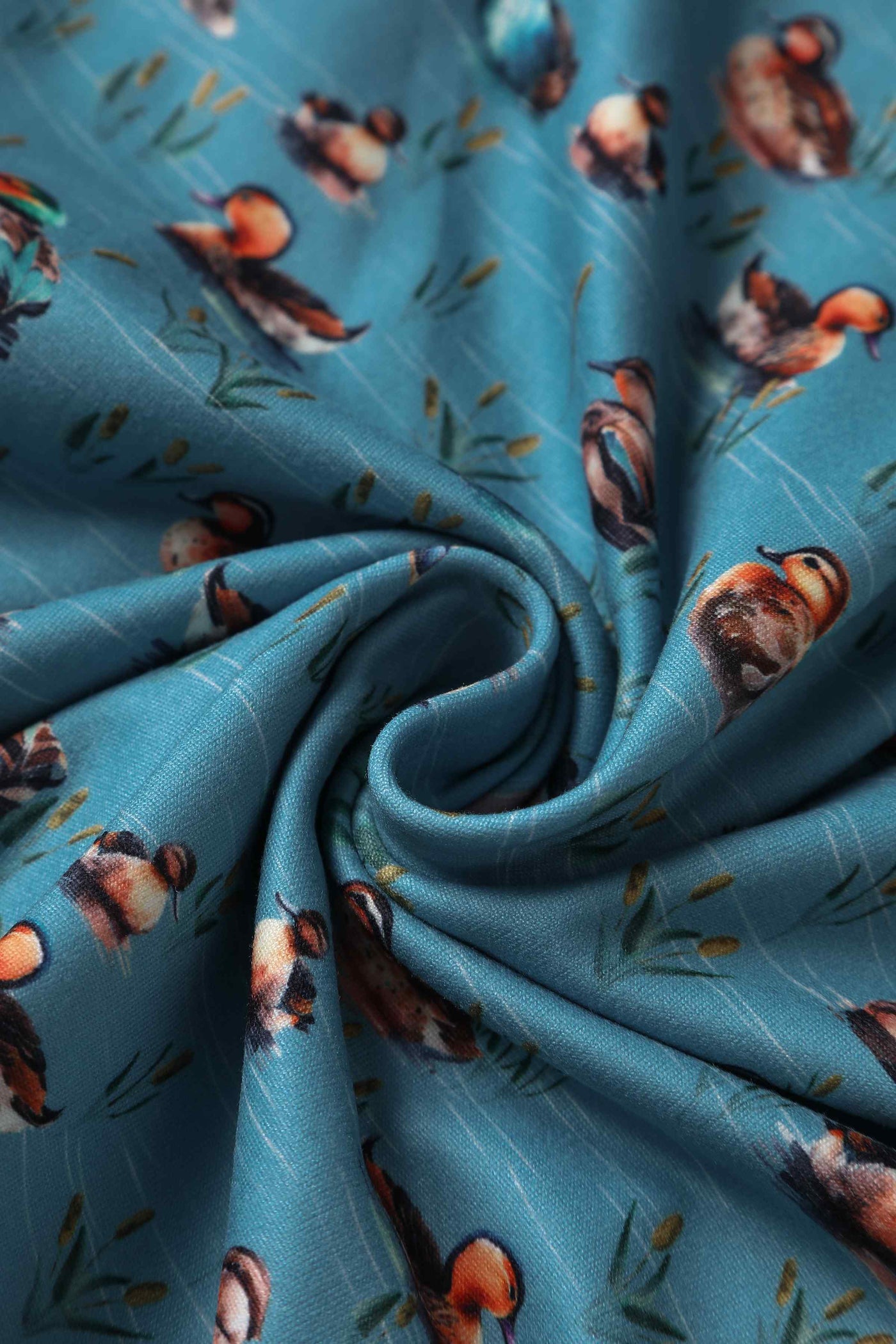 Close up View of Duck Print Long Sleeved Swing Dress in Blue