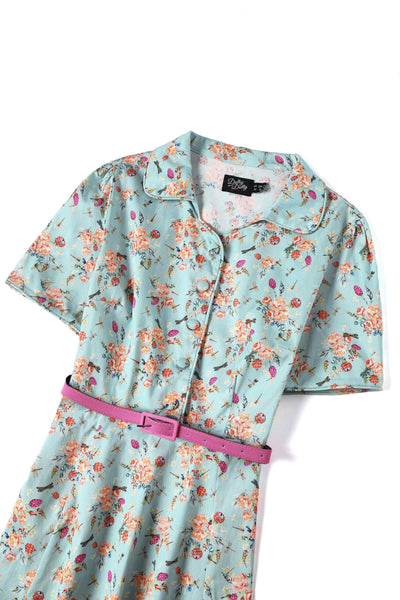 Close up view of Mint Green Floral Shirt Dress