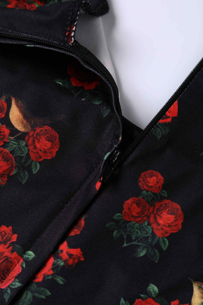 Close up View of Elegant Rose and Bird Flared Dress