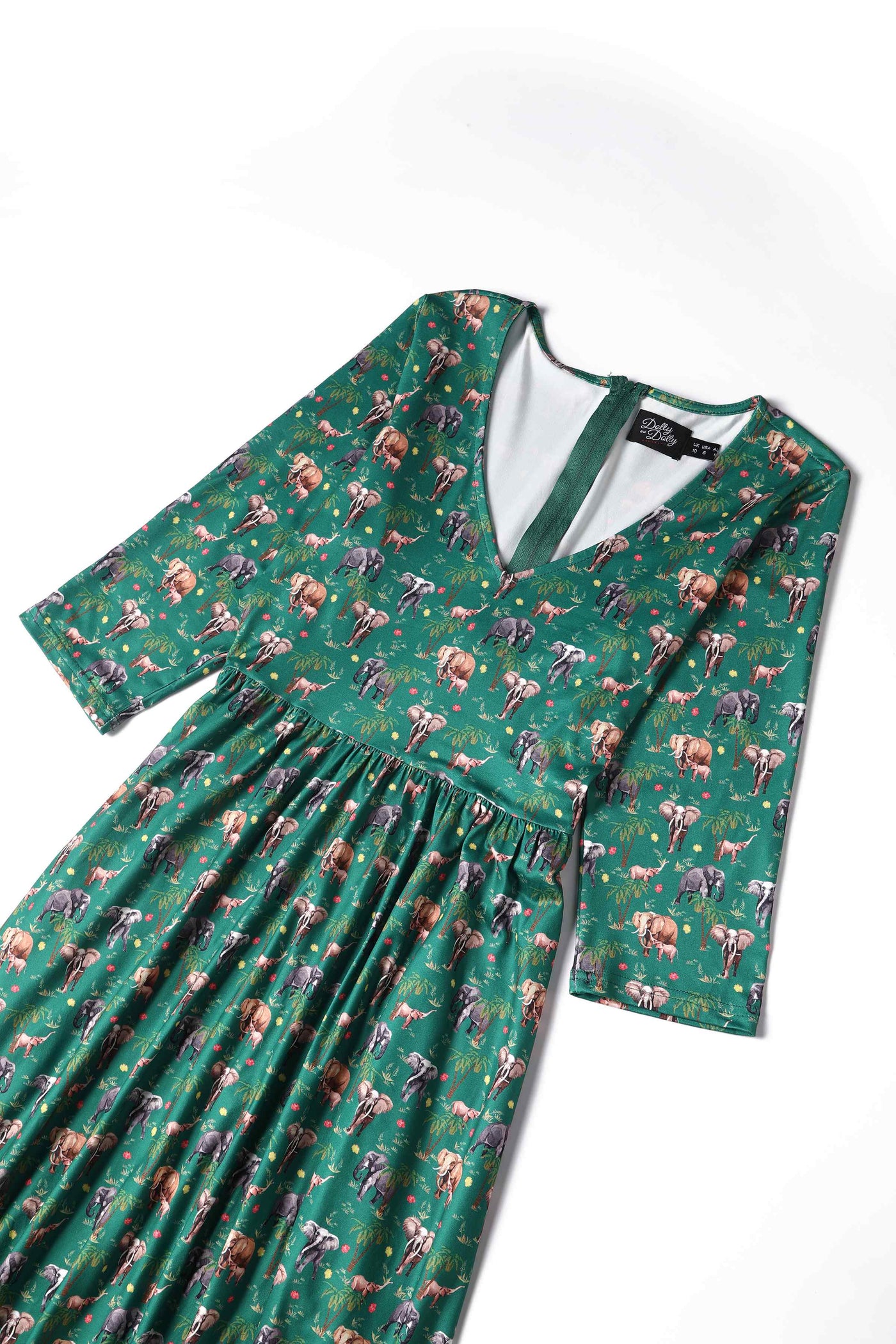 Close up view of Elephant Print Flared Dress in Green