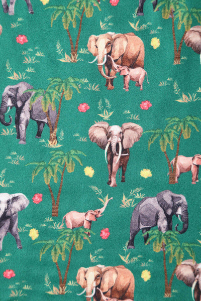 close up of green fabric, with elephants and tree print
