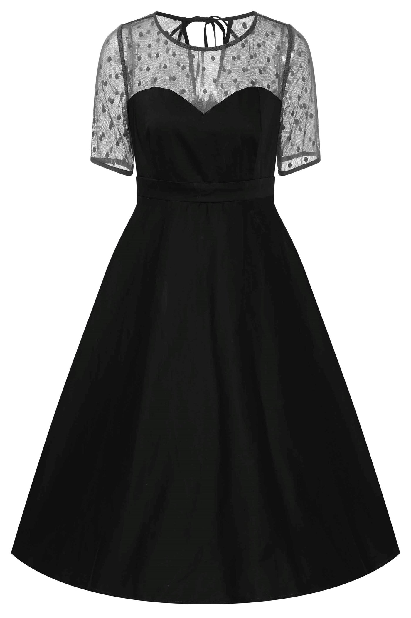 Front view of Elizabeth II Short Sleeved Polka Dot Mesh Dress