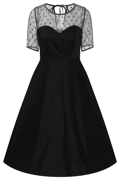 Front view of Elizabeth II Short Sleeved Polka Dot Mesh Dress