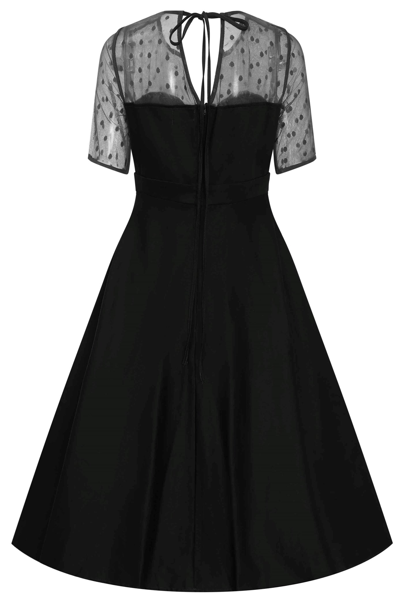Back view of Elizabeth II Short Sleeved Polka Dot Mesh Dress