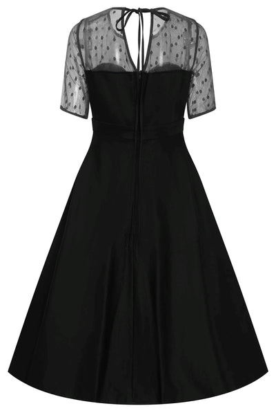 Back view of Elizabeth II Short Sleeved Polka Dot Mesh Dress