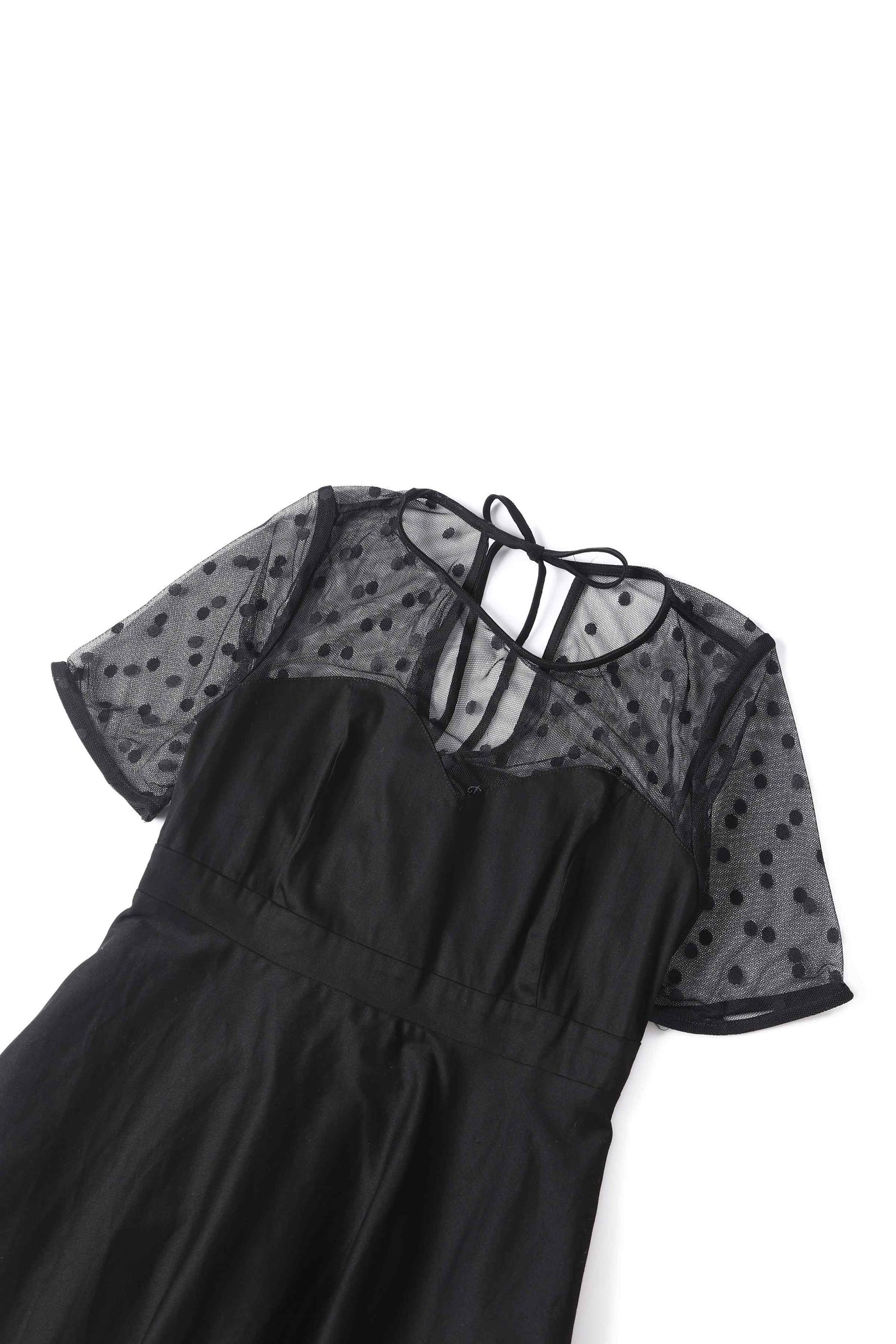 Close up view of Elizabeth II Short Sleeved Polka Dot Mesh Dress