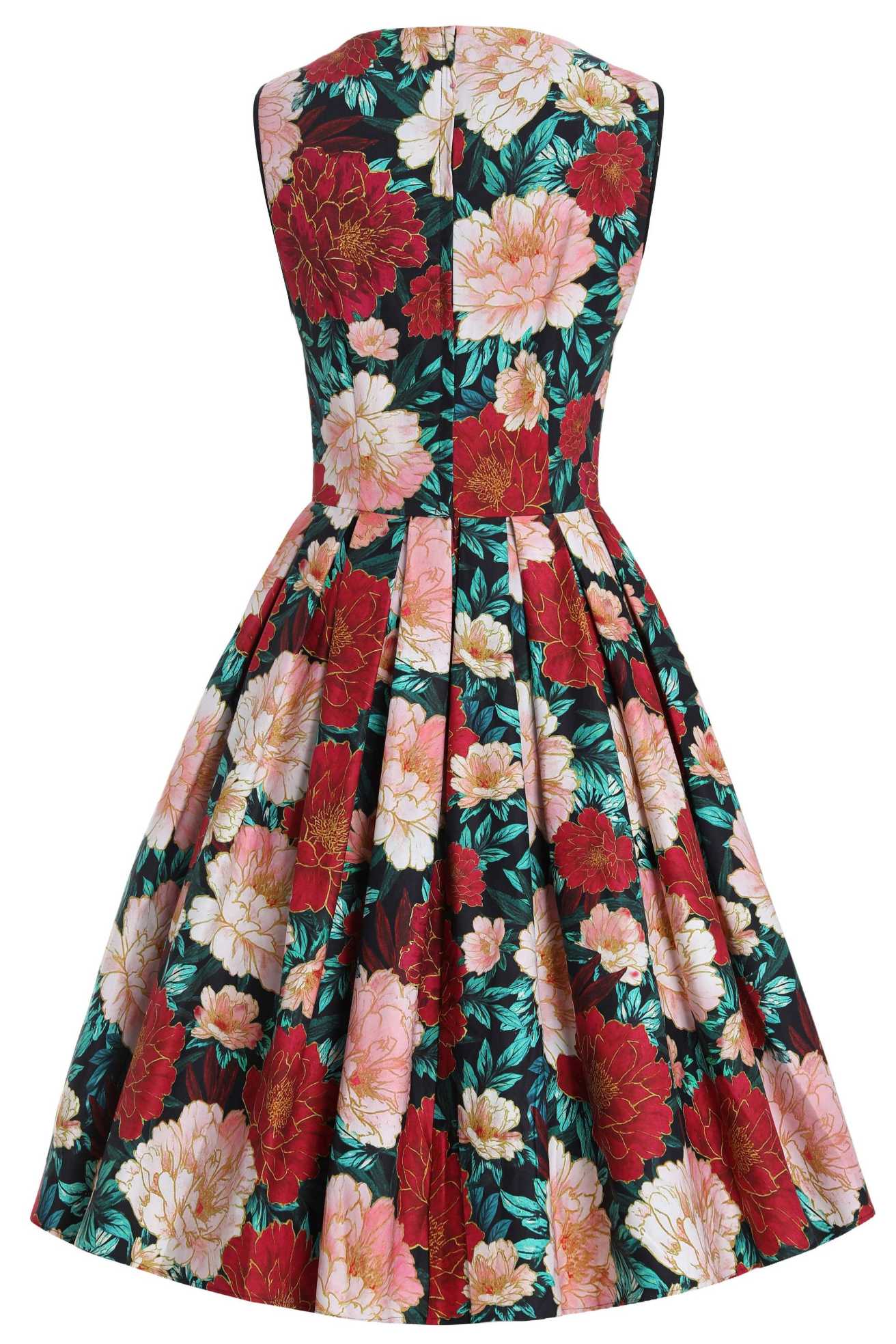 Back view of Elizabeth Vintage Style Floral Party Dress in Black/Pink