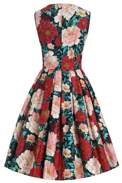 Back view of Elizabeth Vintage Style Floral Party Dress in Black/Pink