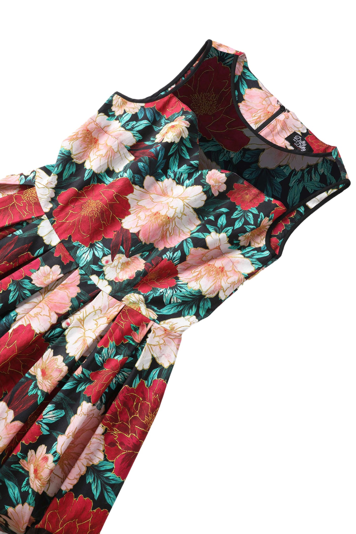 Close up view of Elizabeth Vintage Style Floral Party Dress in Black/Pink