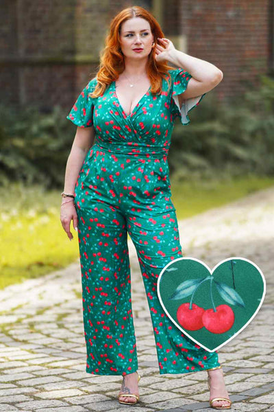 A model wearing Emerald Green Cherry Jumpsuit