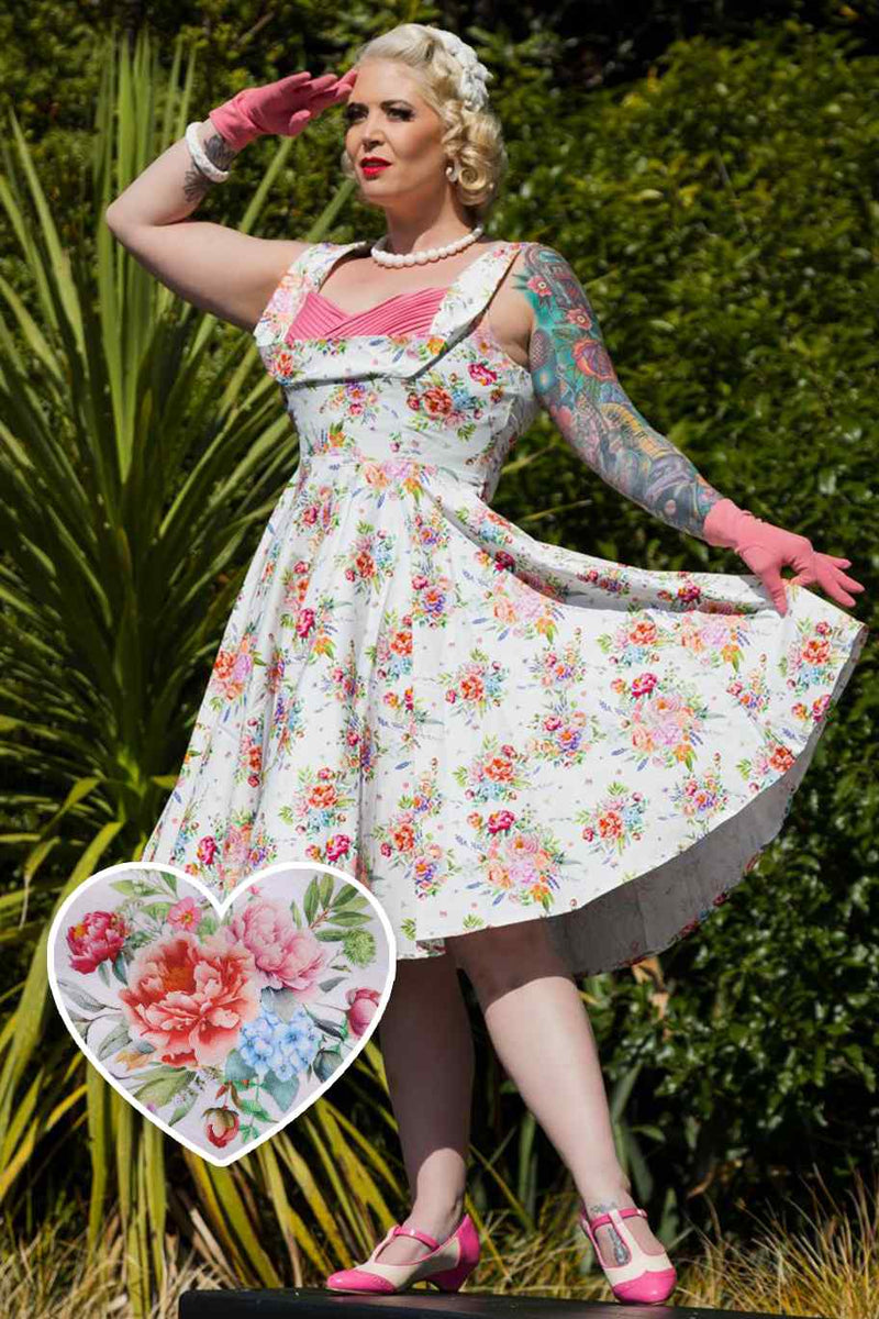 A model wearing an English Garden Pleated Bust Dress
