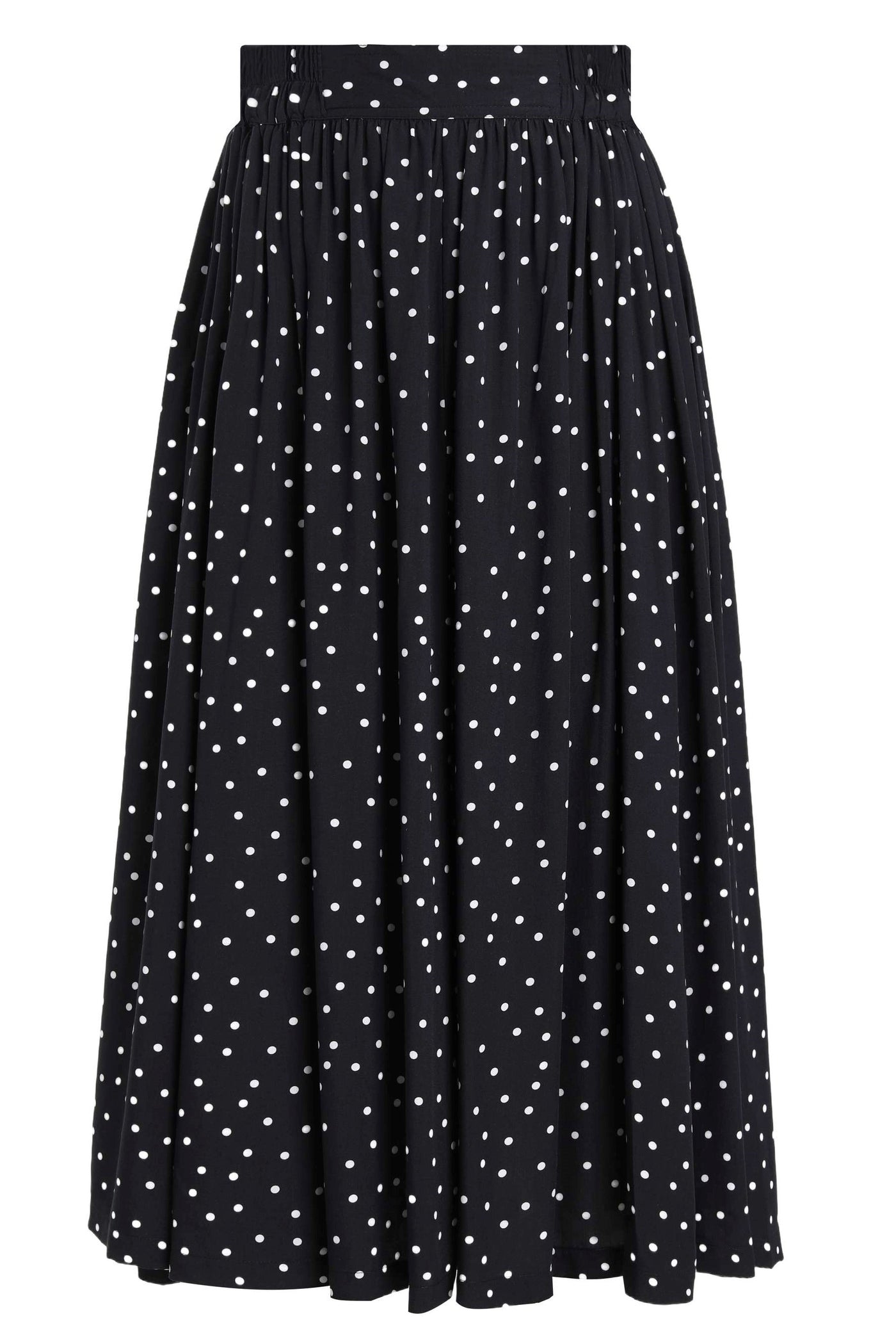 Front view of Estelle Black Polka Dot Midi Skirt
