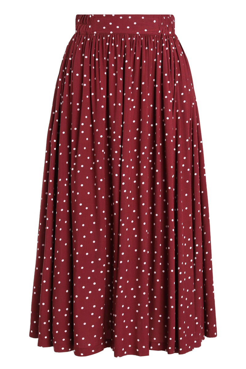 Front view of Estelle Burgundy Polka Dot Midi Skirt