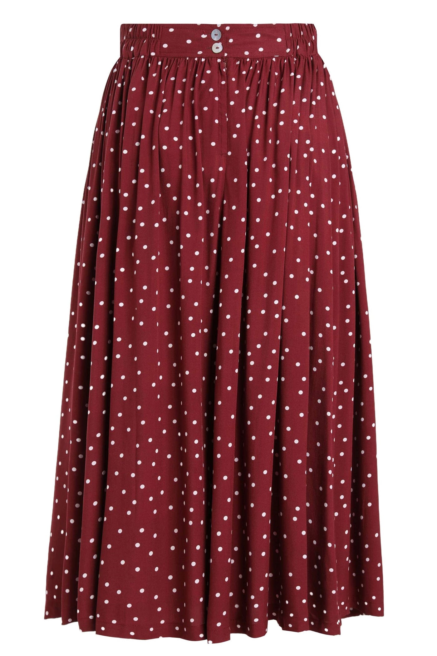 Back view of Estelle Burgundy Polka Dot Midi Skirt