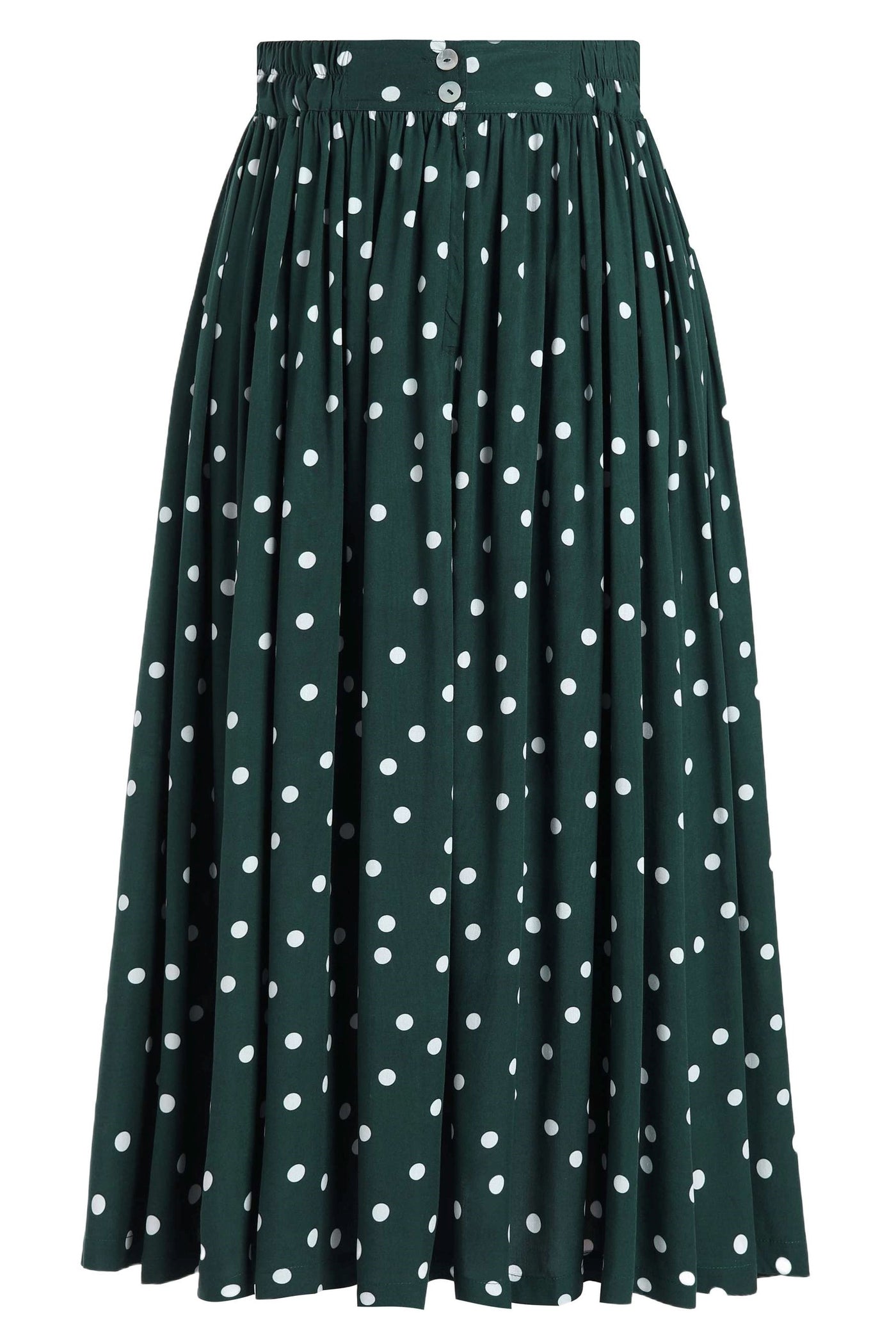 Back view of Estelle Green Polka Dot Midi Skirt