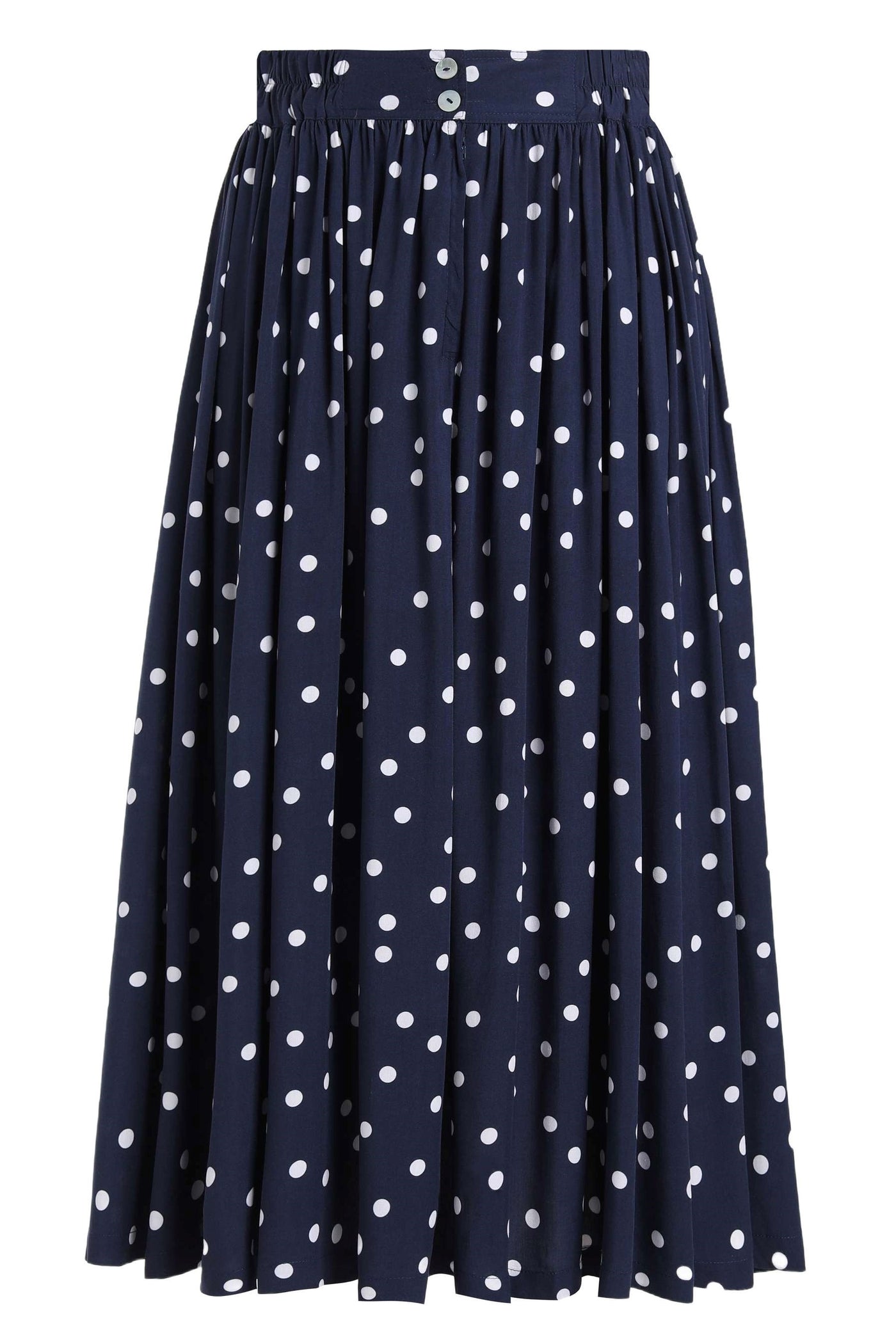 Back view of Estelle Midnight Blue Polka Dot Midi Skirt