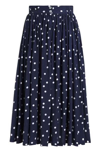 Back view of Estelle Midnight Blue Polka Dot Midi Skirt