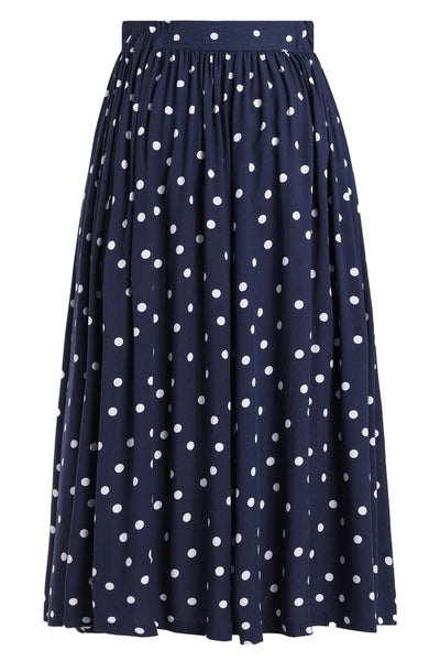 Front view of Estelle Midnight Blue Polka Dot Midi Skirt